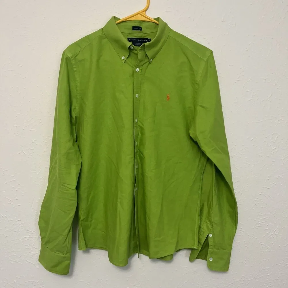 RALPH LAUREN Boys Classic Long Sleeve Shirt Button Front Green Slim Fit Size 14
